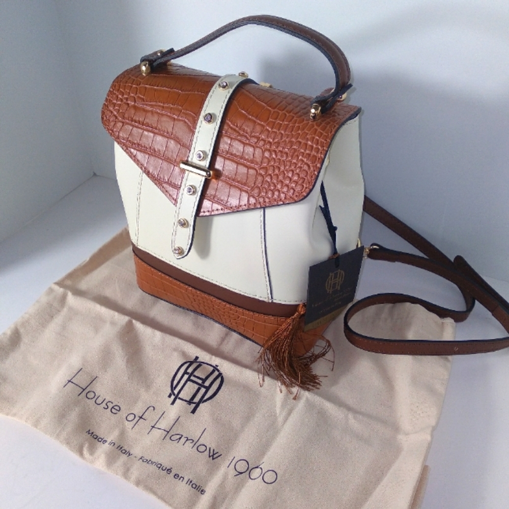 House of Harlow 1960 Brown & Cream Genuine Leather Rhinestone Stud Backpack